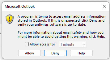 Outlook Error – A Program is trying to access email address information stored in Outlook